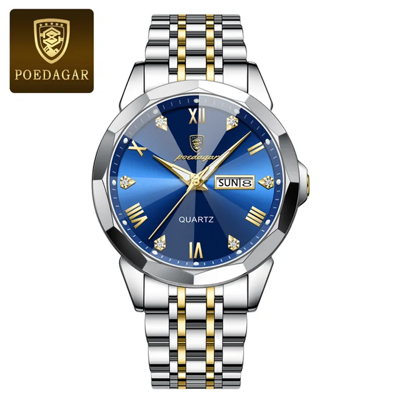 Poedagar PO810 Luminous Date Week Man Stainless Steel Wristwatch (Gold Blue)